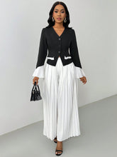 Lyxana 2-Piece Set: Black & White Contrast V-Neck Flare Sleeve Blazer Jacket And Pleated Elastic Waist Pants For Women